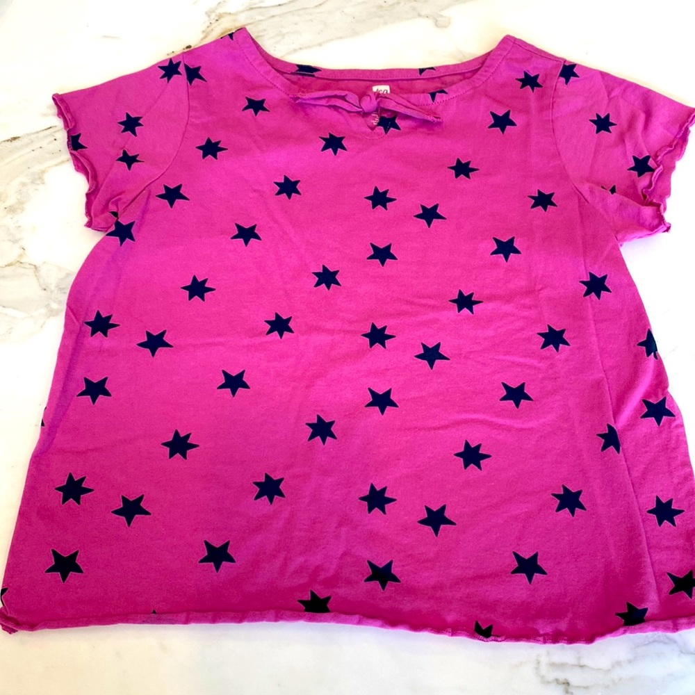 Tea Collection Ruffle Short Sleeve Top, pink w/ navy stars, Girls Size 12
